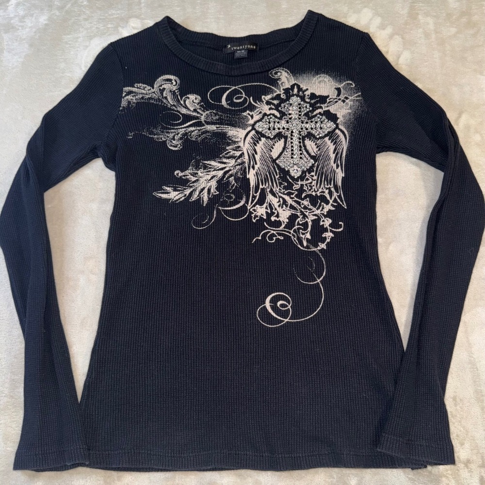 Twentyone Y2K McBling Rhinestone Cross Angel Wings Thermal Waffle Knit Top M